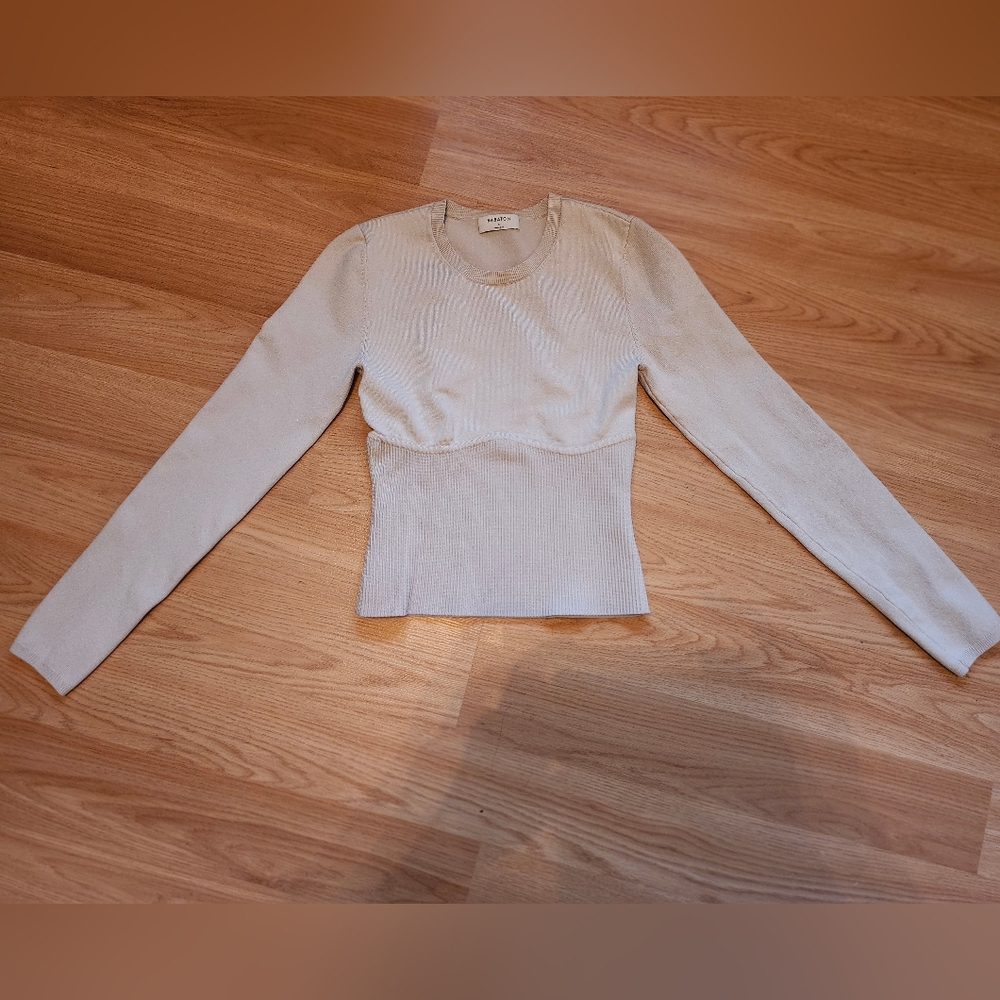 Babaton Beige Ribbed Long Sleeve Top